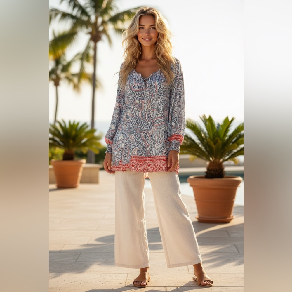 Ariat Paisley Tie Neck Blouse Western Boho Long Sleeve Blue Red L
